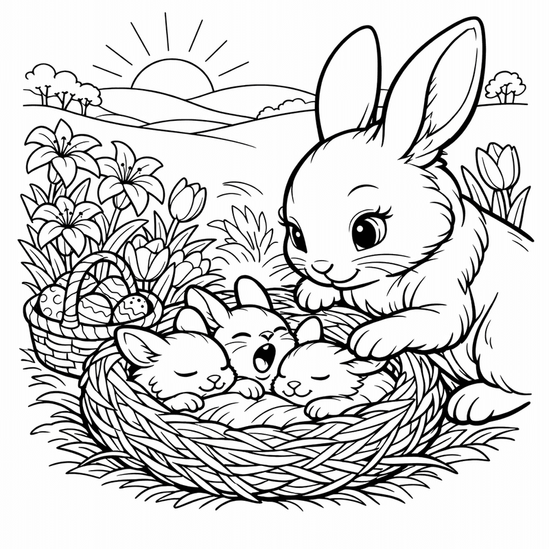 Free printable coloring page: A Bunny Family Painting Easter Eggs Together, for ages 7-12