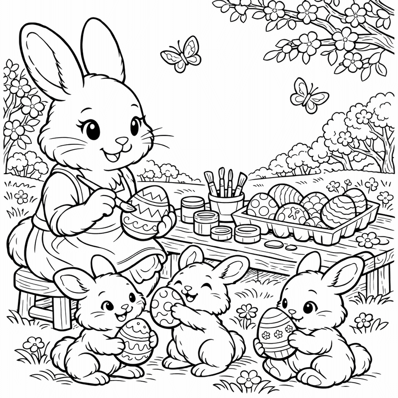 Free printable coloring page: A Mother Bunny With Three Baby Bunnies In A Meadow, for ages 7-12