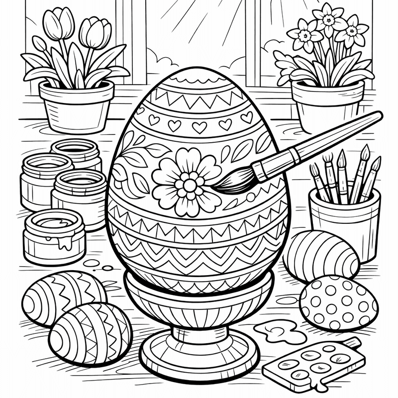 Free printable coloring page: Hands Holding A Paintbrush Decorating An Easter Egg, for ages 7-12