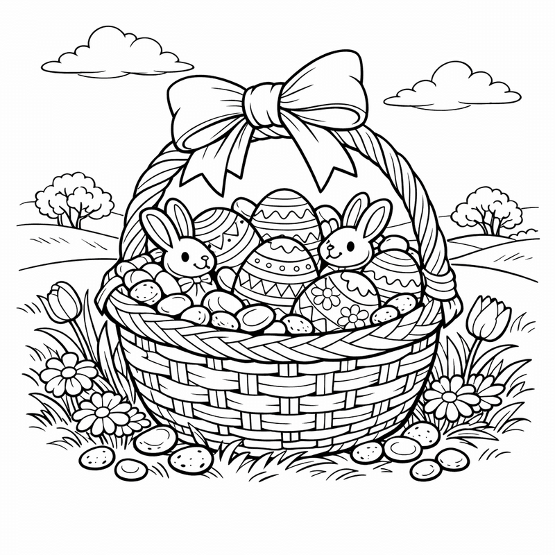 Free printable coloring page: A Woven Easter Basket Overflowing With Colorful Eggs And Candy, for ages 7-12