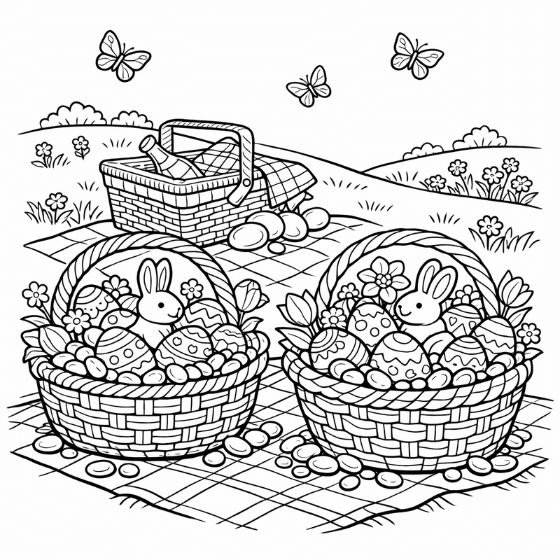Free printable coloring page: Object Only: Two Or Three Easter Baskets Side By Side, Simple And Adorable, No Background, for ages 7-12