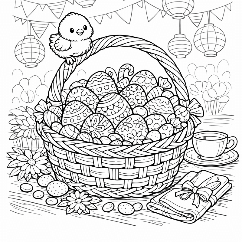 Free printable coloring page: An Easter Basket With Eggs Chocolate Bunny And Jelly Beans, for ages 7-12