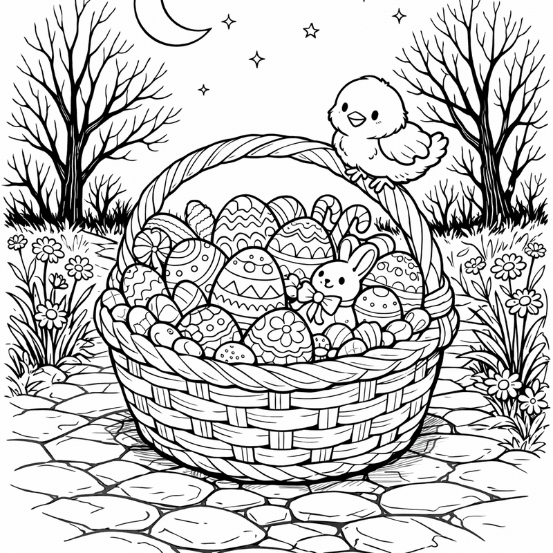 Free printable coloring page: An Easter Basket Being Filled By A Bunny, for ages 7-12