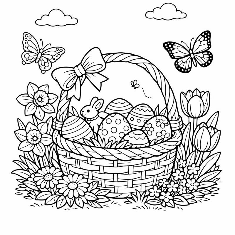 Free printable coloring page: A Simple Basket With Three Eggs And Spring Flowers, for ages 7-12