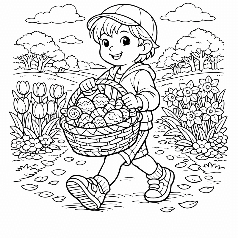 Free printable coloring page: An Easter Basket Surrounded By Spring Flowers And Butterflies, for ages 7-12