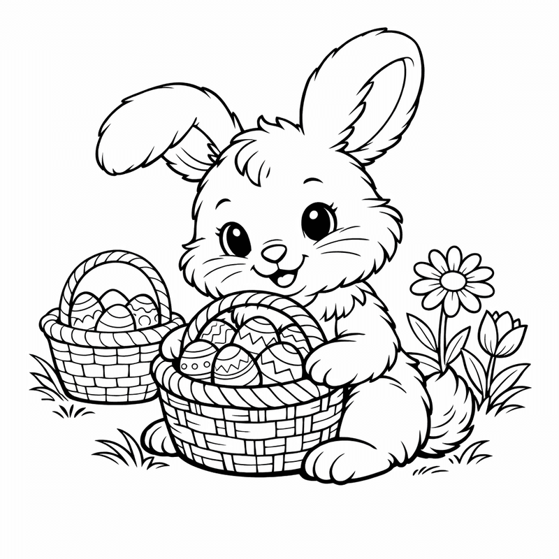 Free printable coloring page: An Easter Bunny Standing Next To A Giant Decorated Egg, for ages 7-12