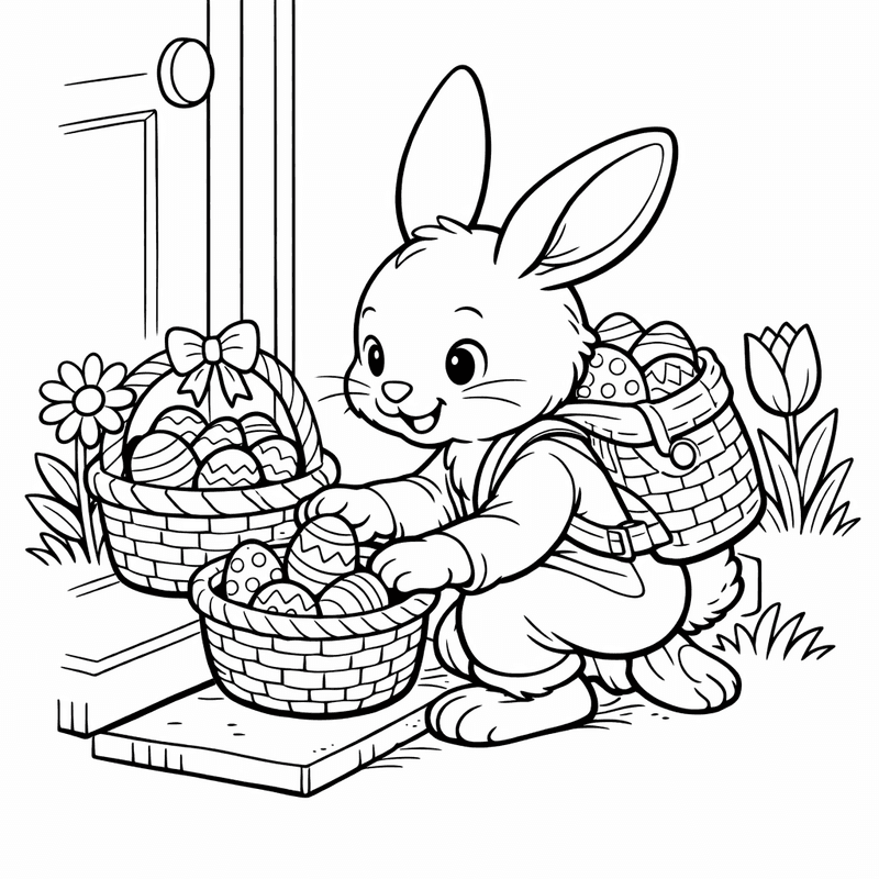 Free printable coloring page: An Easter Bunny Hopping Through A Flower Garden Carrying Eggs, for ages 7-12
