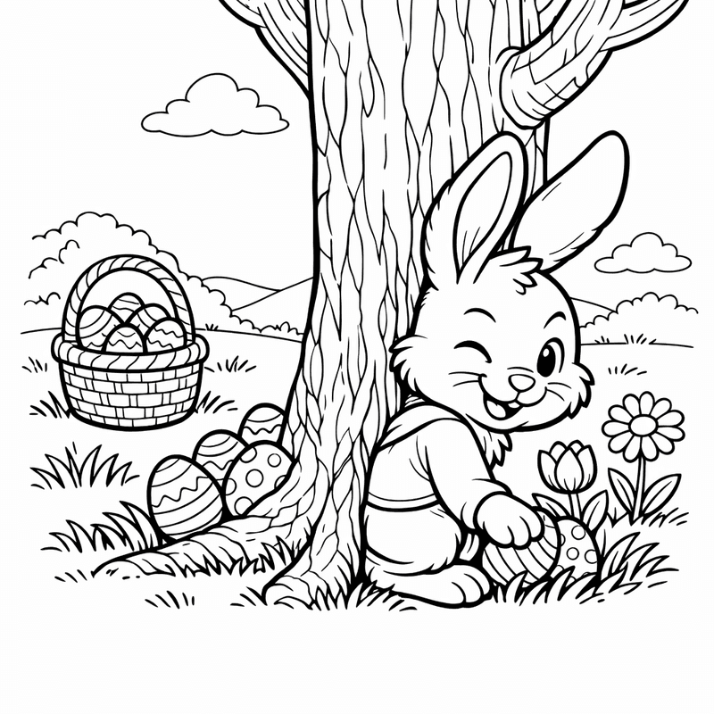 Free printable coloring page: A Fluffy Easter Bunny Holding A Basket Full Of Eggs, for ages 7-12