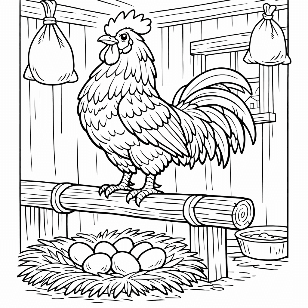 Free printable coloring page: Chicken In Coop, for ages 7-12