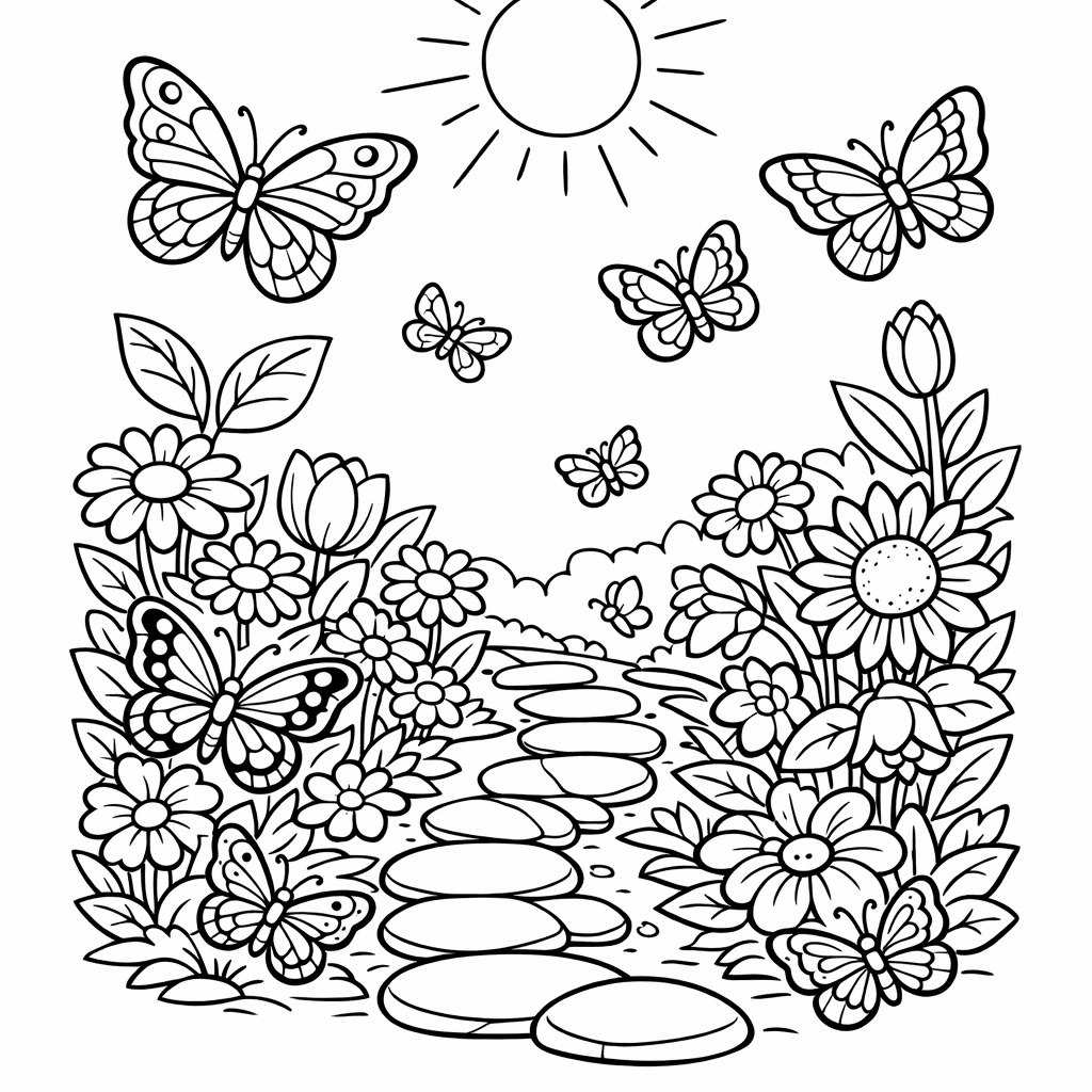 Butterfly and Flowers Coloring Page — A Butterfly Garden With A Stone Path, Flowers On Both Sides, And Butterflies Everywhere