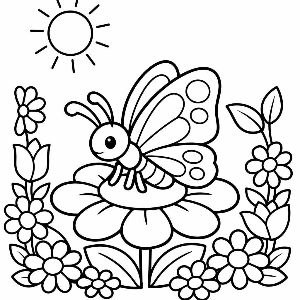 Butterfly and Flowers Coloring Page — Object Only: A Butterfly With Floral Patterns Inside Its Wings, Clean Outlines, No Background