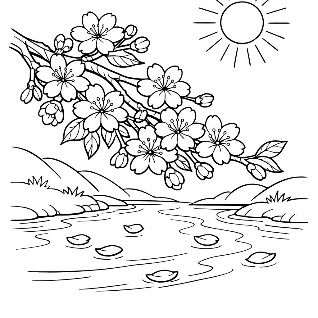Free printable coloring page: Object Only: A Spray Of Cherry Blossoms With Buds And Open Flowers, Clean Outlines, No Background, for ages 7-12