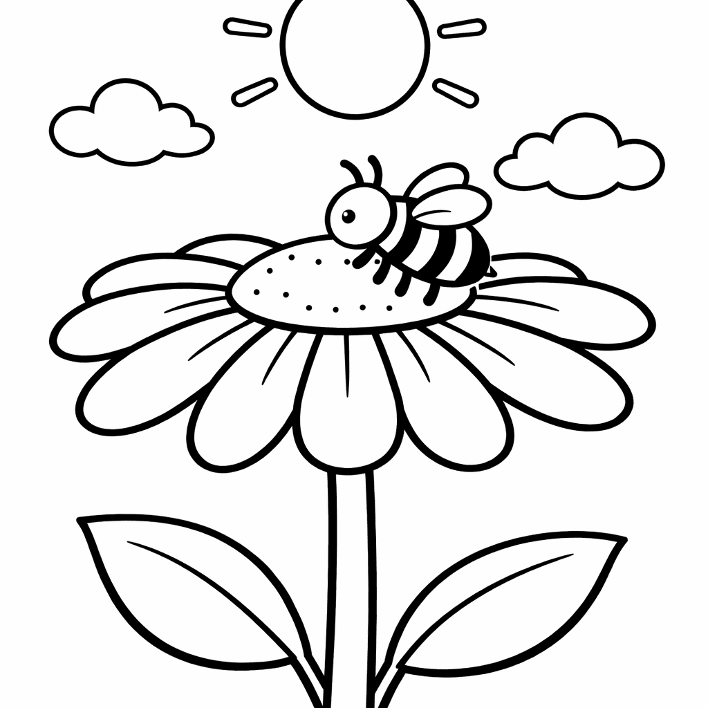 Free printable coloring page: A Single Giant Daisy Seen From Below Looking Up At The Sky With A Bee On It, for ages 3-6