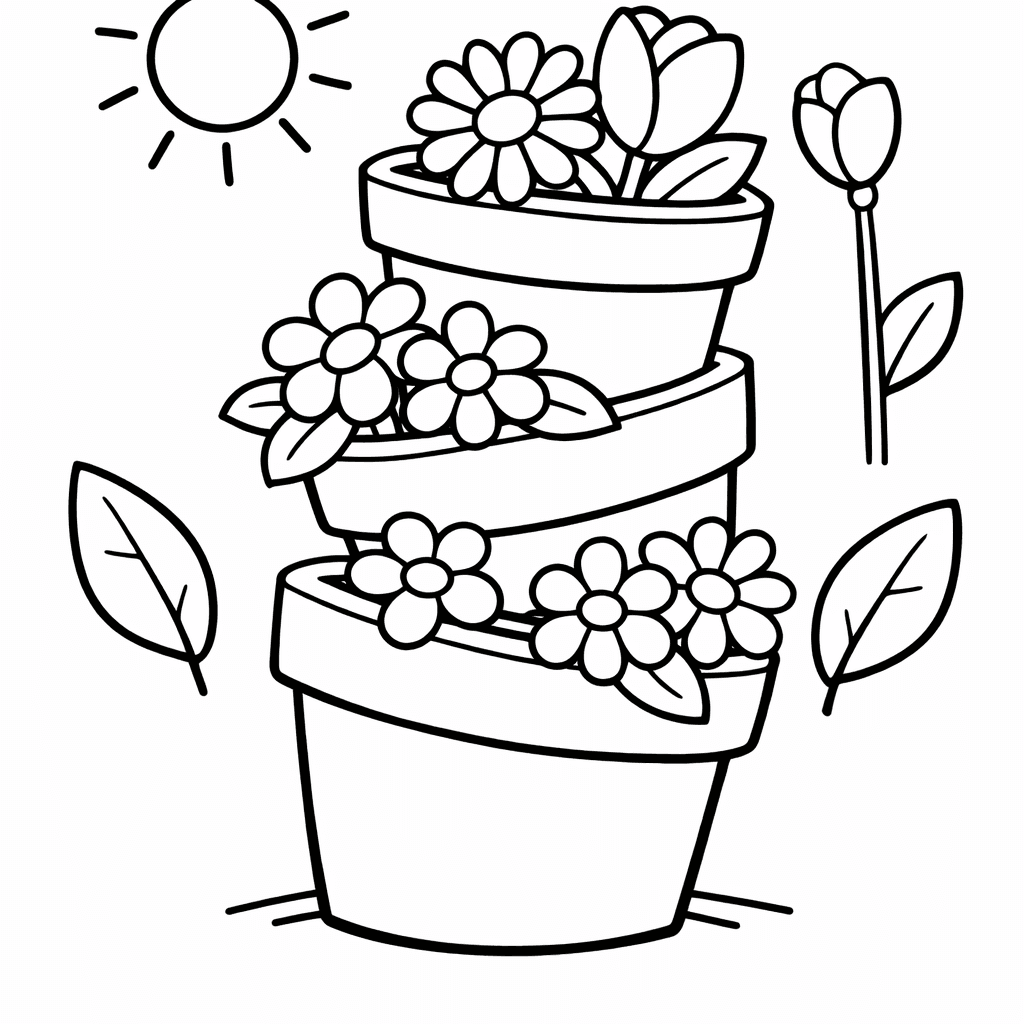 Free printable coloring page: A Decorated Flower Pot With A Smiling Face, Overflowing With Colorful Flowers, for ages 3-6