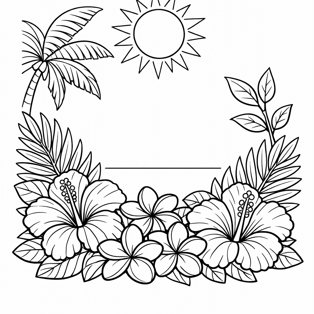 Free printable coloring page: A Tropical Scene With Hibiscus, Plumeria, And Palm Leaves Arranged In A Border, for ages 7-12