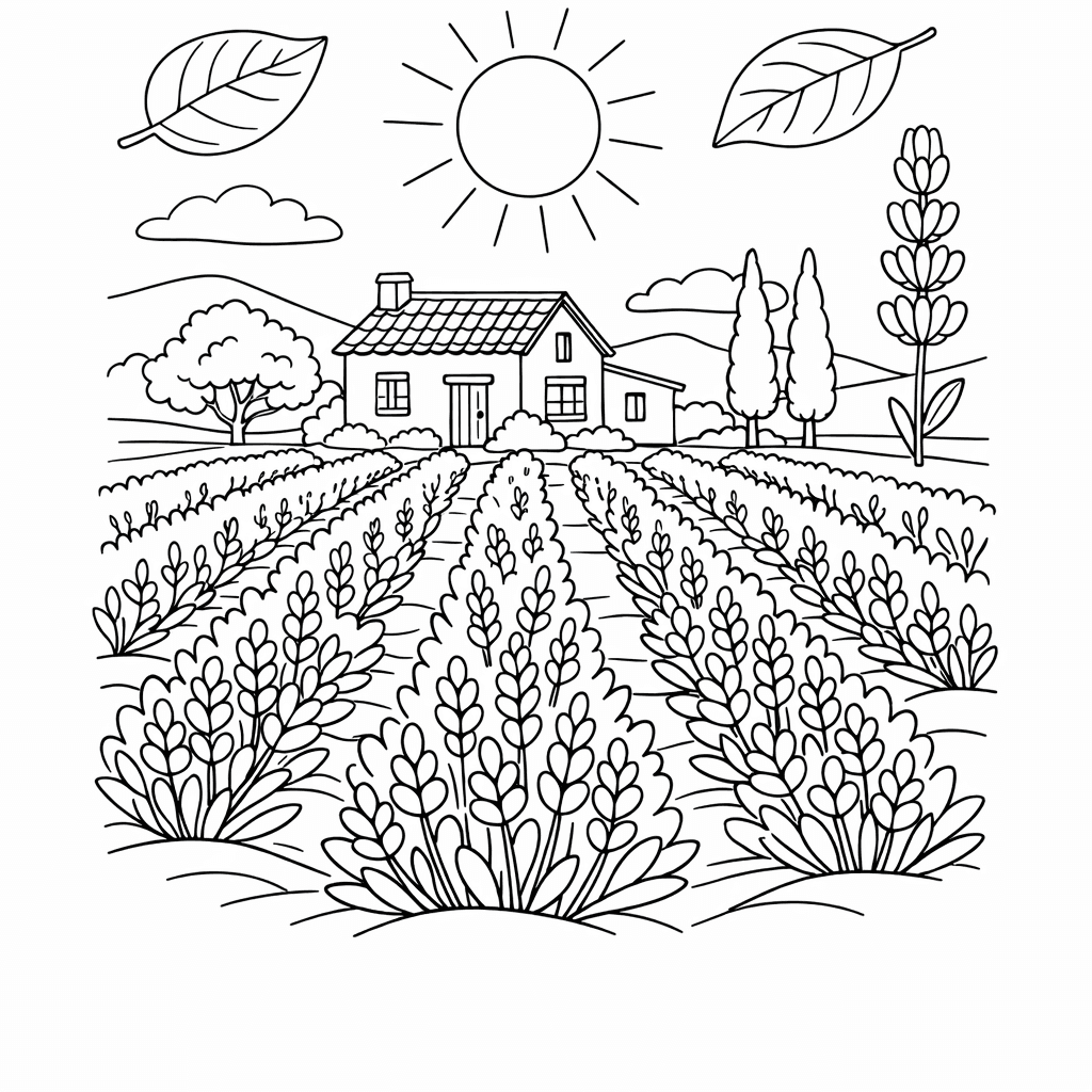 Free printable coloring page: Rows Of Lavender Plants In A Provence-style Field With A Cottage In The Background, for ages 7-12