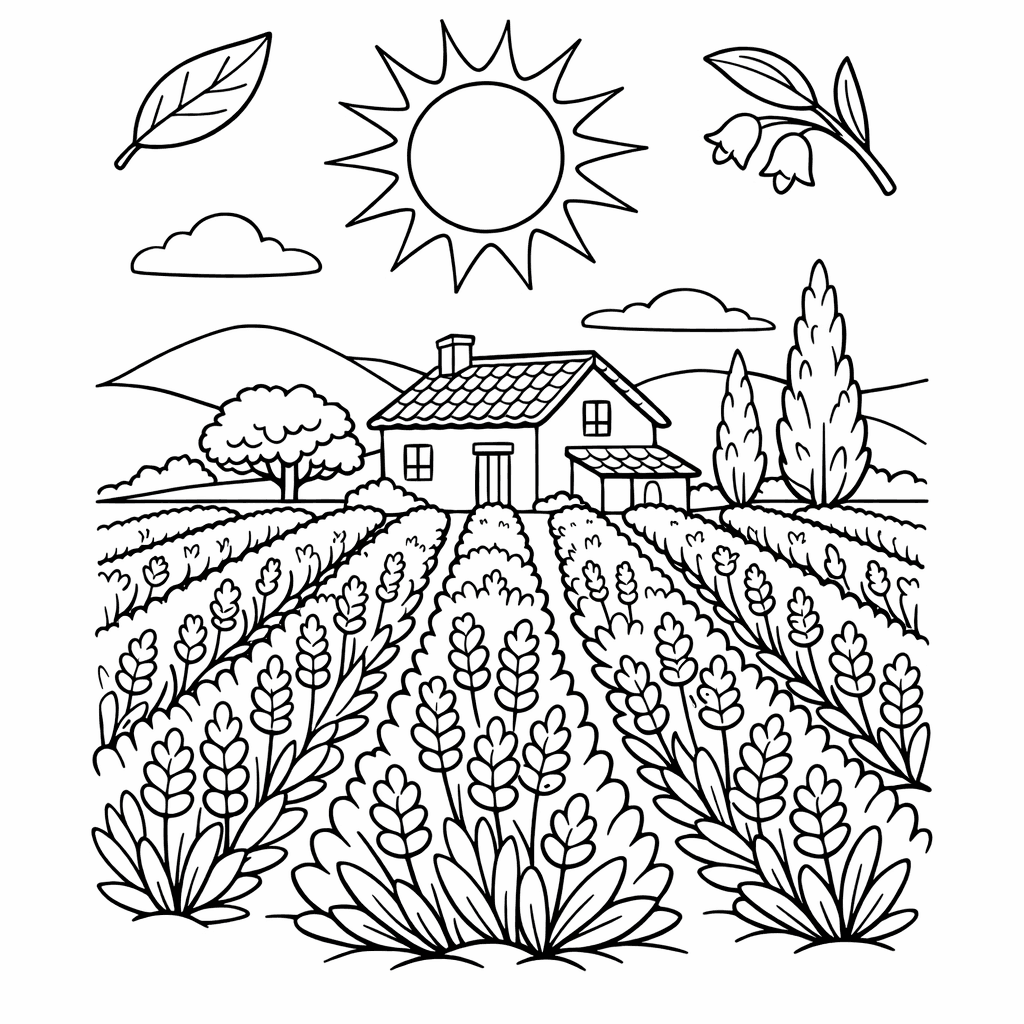 Free printable coloring page: A Close-up Of A Single Lavender Stem With Bees Buzzing Around It, for ages 7-12