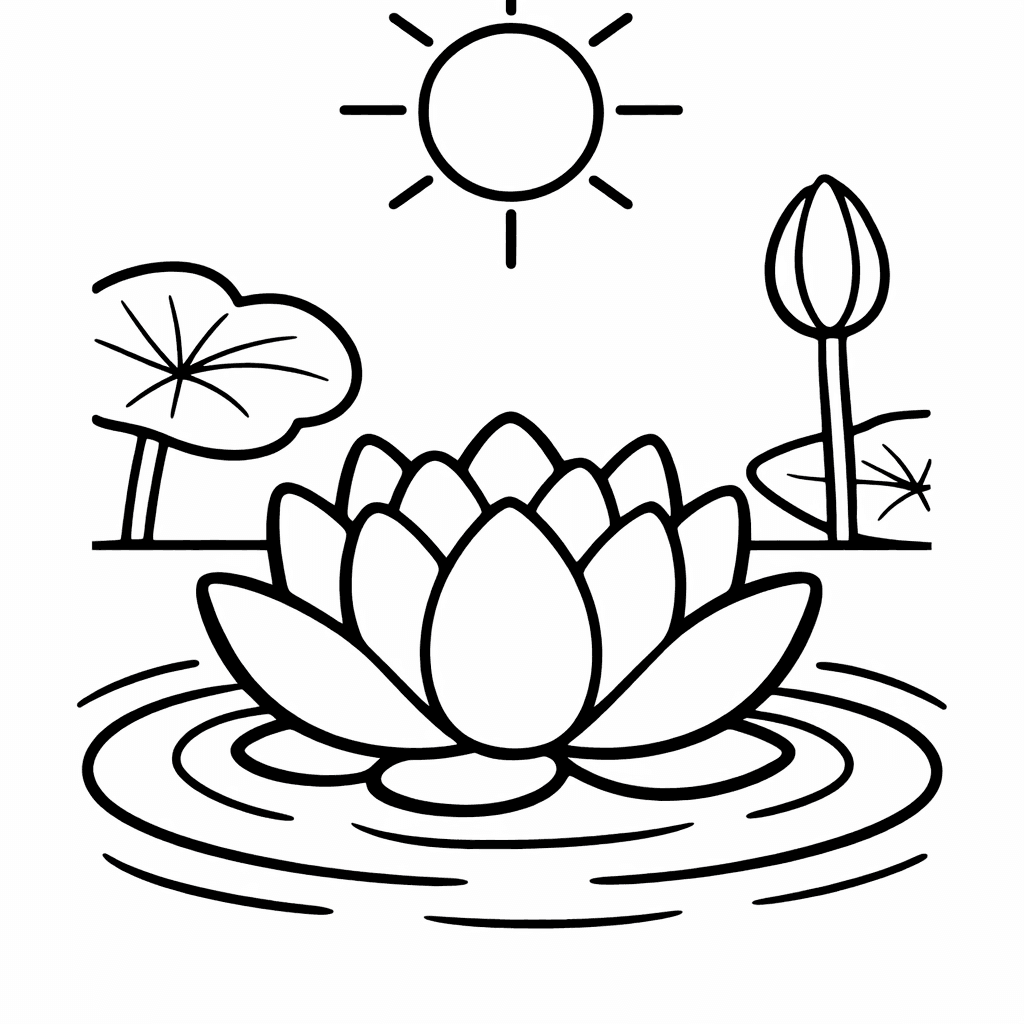 Free printable coloring page: A Lotus Pond With Flowers At Different Heights, Some Open, Some Closed Buds, Dragonflies Above, for ages 3-6