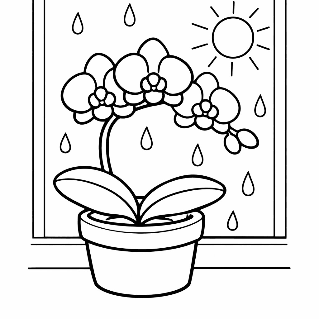 Free printable coloring page: An Orchid Growing On A Mossy Tree Branch In A Tropical Rainforest Scene, for ages 3-6
