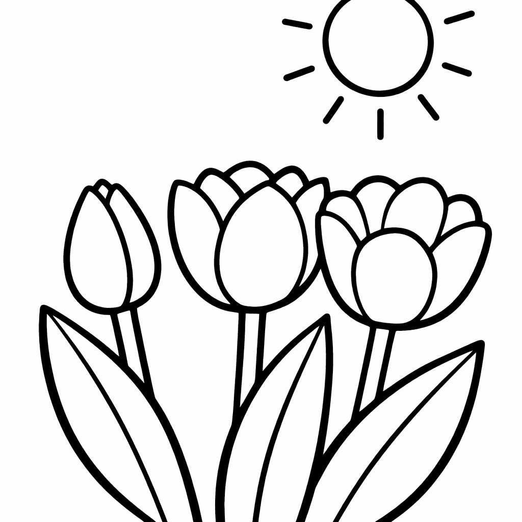 Free printable coloring page: Rows Of Tulips In A Dutch Garden With A Windmill In The Far Background, for ages 3-6