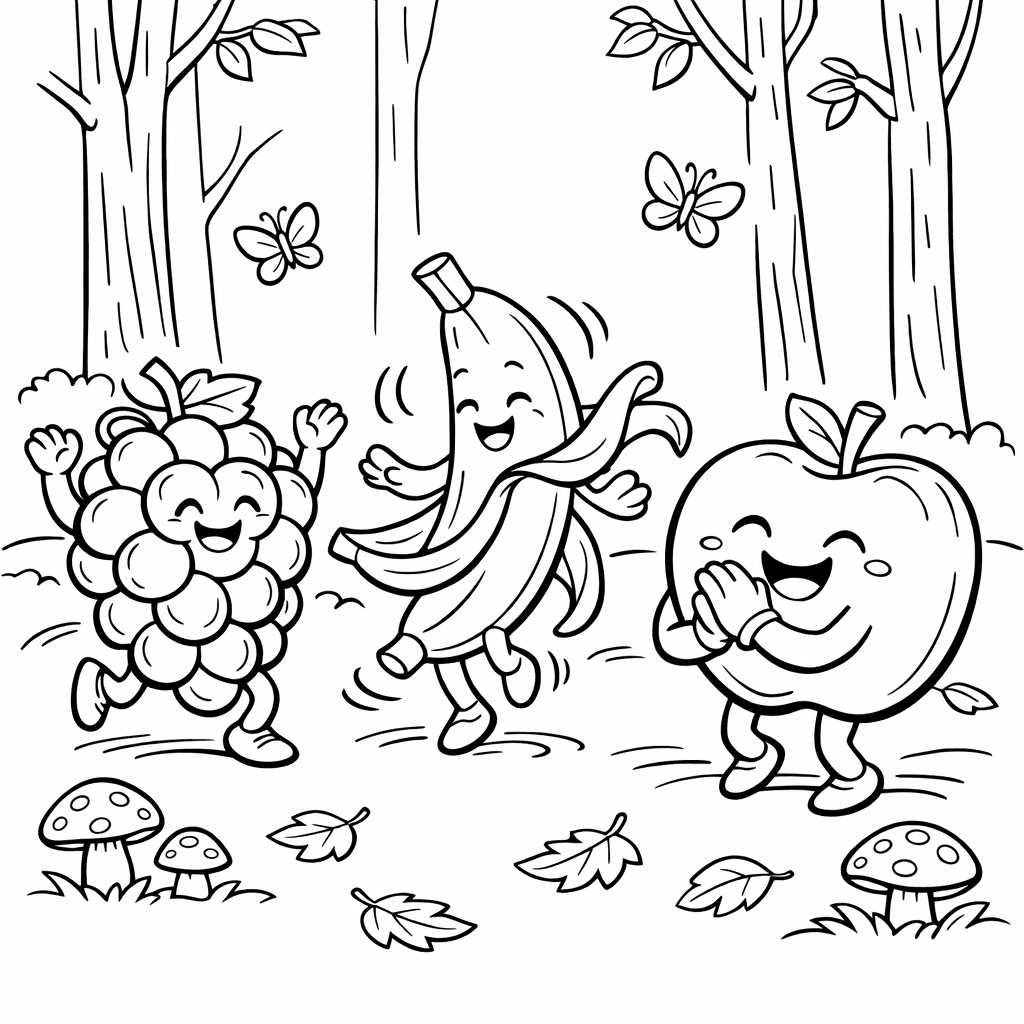Free printable coloring page: A Whimsical Tree House Made Of Fruit, With…, for ages 7-12