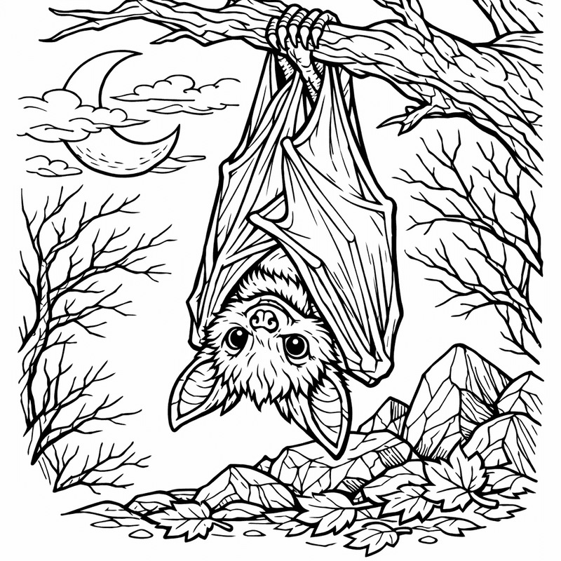 Free printable coloring page: Bat On Branch, for ages 7-12
