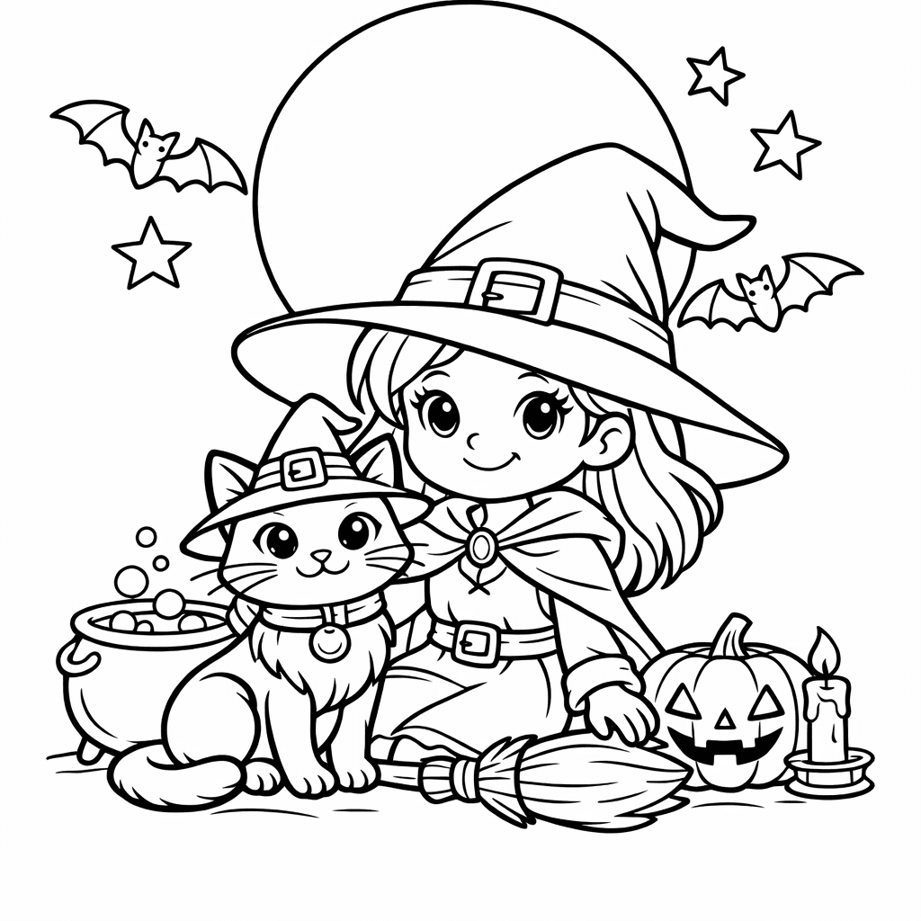 Free printable coloring page: Black Cat Dressed As A Wizard Casting Spells…, for ages 7-12