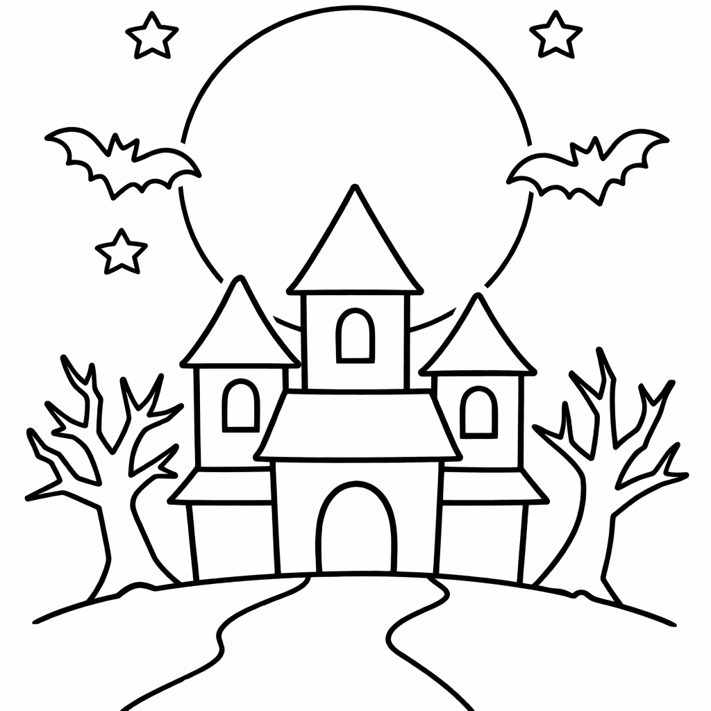 Free printable coloring page: A Witch Stirs A Bubbling Cauldron Outside A…, for ages 3-6