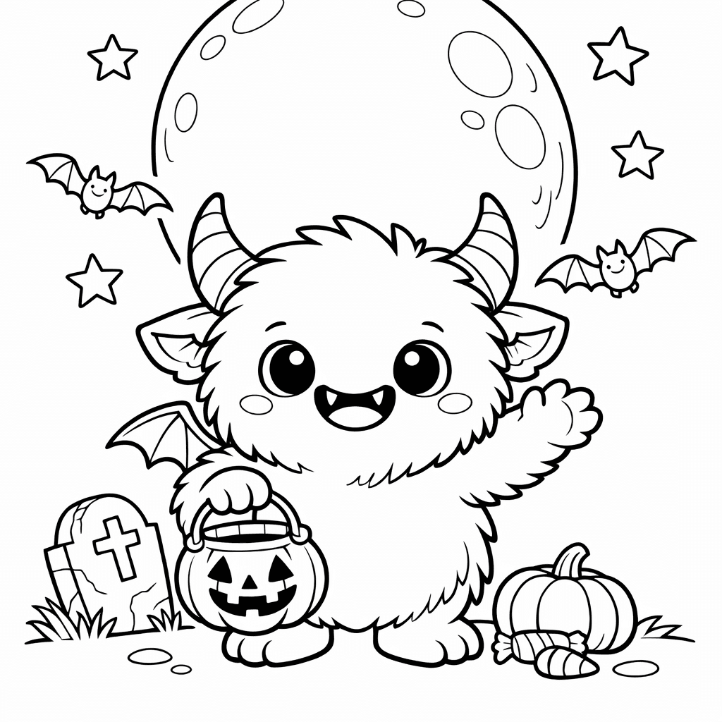 Free printable coloring page: Friendly Monster Making Halloween Treats With Giggling Children., for ages 7-12