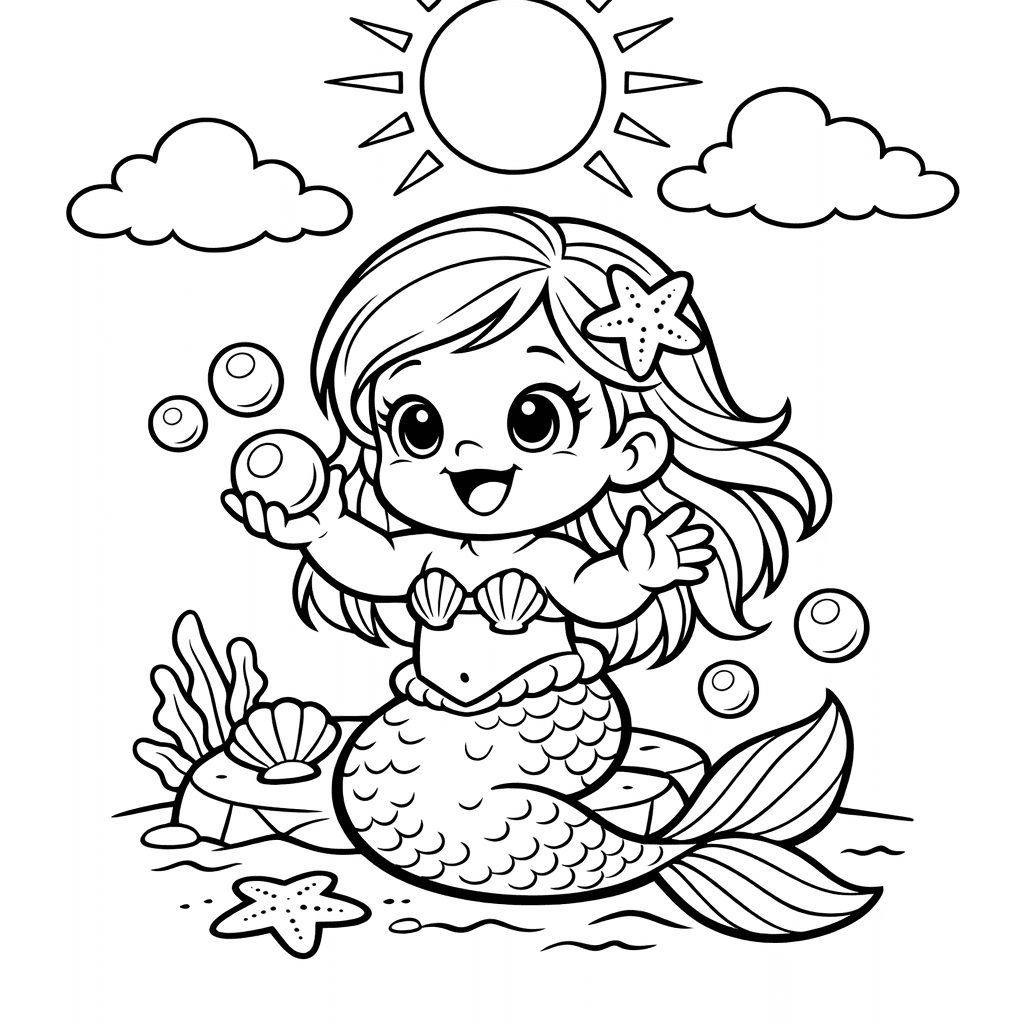 Free printable coloring page: A Chubby Baby Mermaid Blowing Bubbles Underwater, Big Round Eyes, for ages 7-12