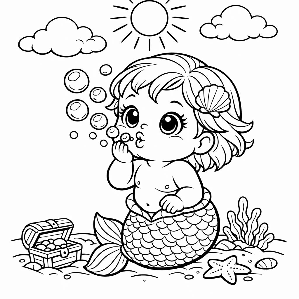 Free printable coloring page: A Baby Mermaid Hatching Out Of A Sparkling Egg On The Ocean Floor, for ages 7-12