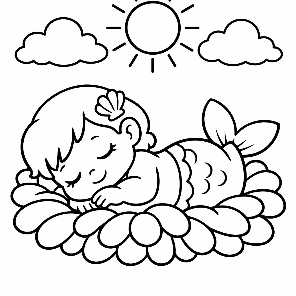 Free printable coloring page: A Toddler Mermaid Riding On The Back Of A Giant Friendly Sea Turtle, for ages 3-6