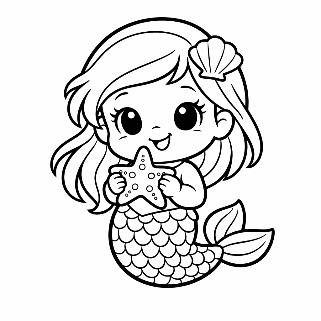 Free printable coloring page: Object Only: A Round Chubby Baby Mermaid Hugging A Starfish, Clean Outlines, No Background, for ages 3-6