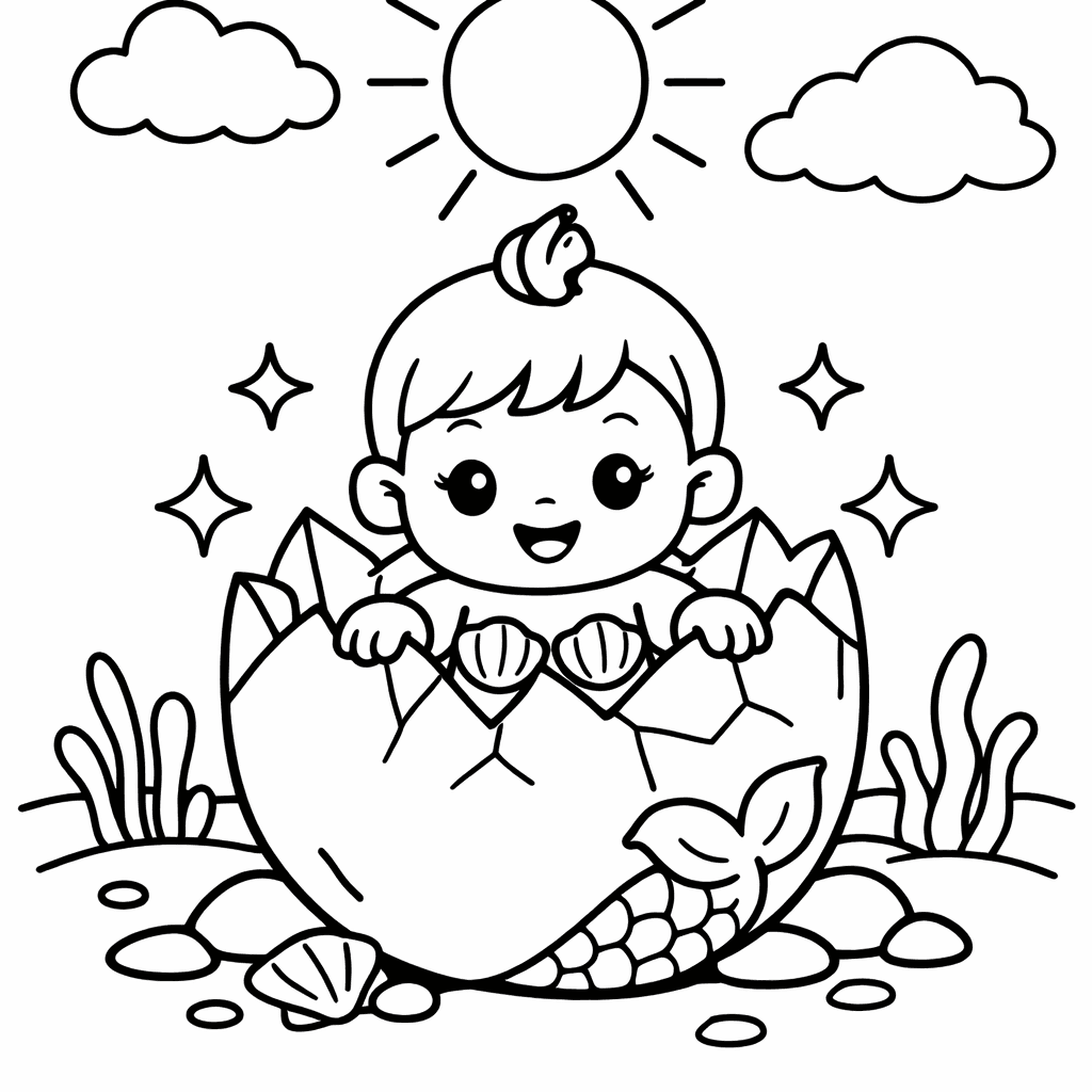 Free printable coloring page: A Chubby Baby Mermaid Blowing Bubbles Underwater, Big Round Eyes, for ages 3-6