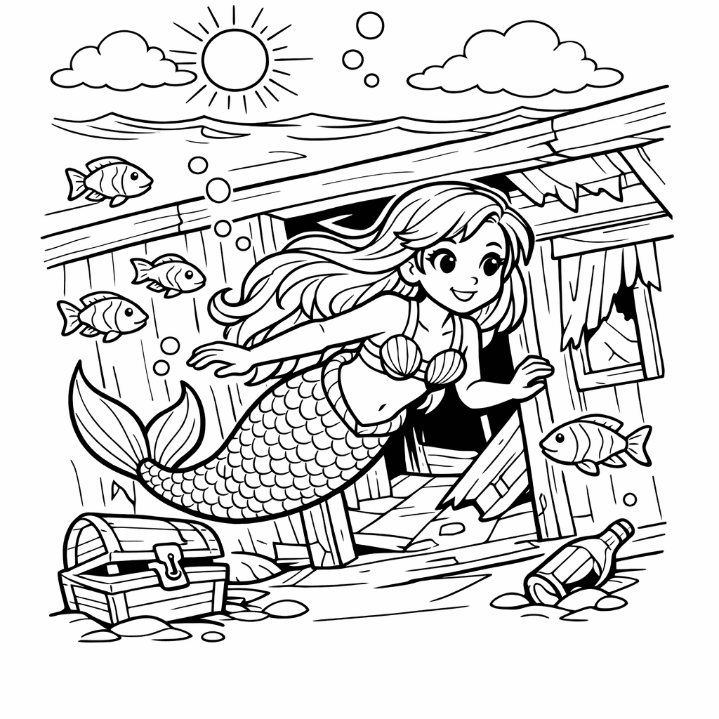 Free printable coloring page: A Mermaid Swimming Through A Shipwreck Exploring The Cabins, Fish Swimming Around Her, for ages 7-12