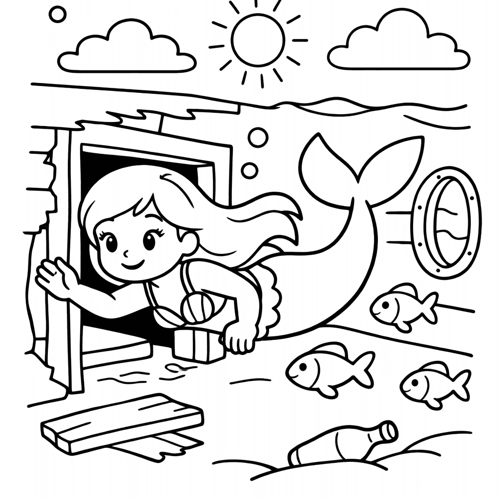 Free printable coloring page: A Mermaid Surfacing Near A Lighthouse On A Stormy Night, Dramatic Waves Around Her, for ages 3-6