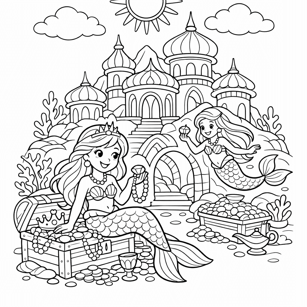 Free printable coloring page: A Grand Underwater Castle With Spiral Towers Made Of Shells, Seen From A Distance With Fish Swimming Around, for ages 7-12