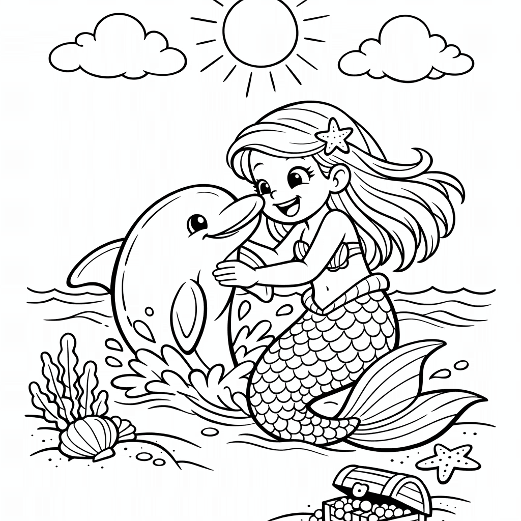 Free printable coloring page: Object Only: A Cute Mermaid With A Flower Crown, Simple Clean Outlines, No Background, for ages 7-12