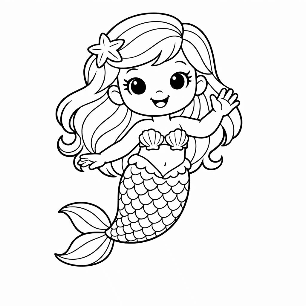 Free printable coloring page: A Mermaid Sitting On A Rock Brushing Her Hair At Sunset, Wide Scene With Waves, for ages 7-12