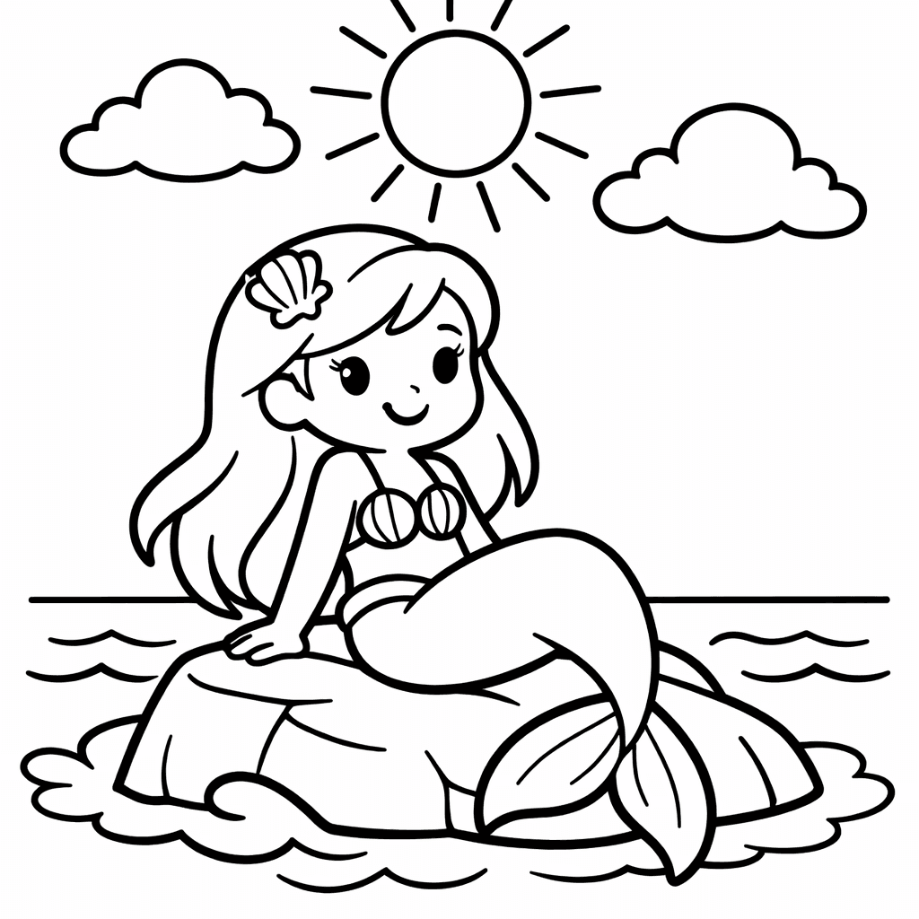 Free printable coloring page: A Mermaid Standing Waist-deep In Water Holding A Lantern At Night With Stars Above, for ages 3-6