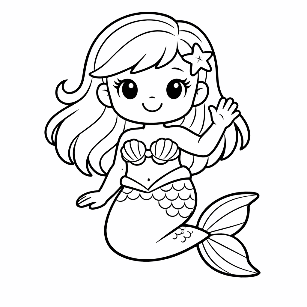 Free printable coloring page: A Mermaid Sitting On A Rock Brushing Her Hair At Sunset, Wide Scene With Waves, for ages 3-6