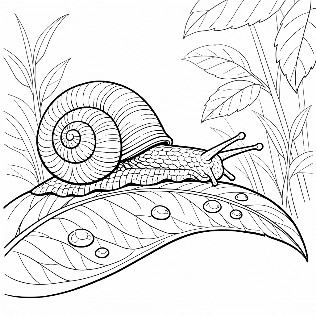 Free printable coloring page: Snail On Leaf, for ages 7-12