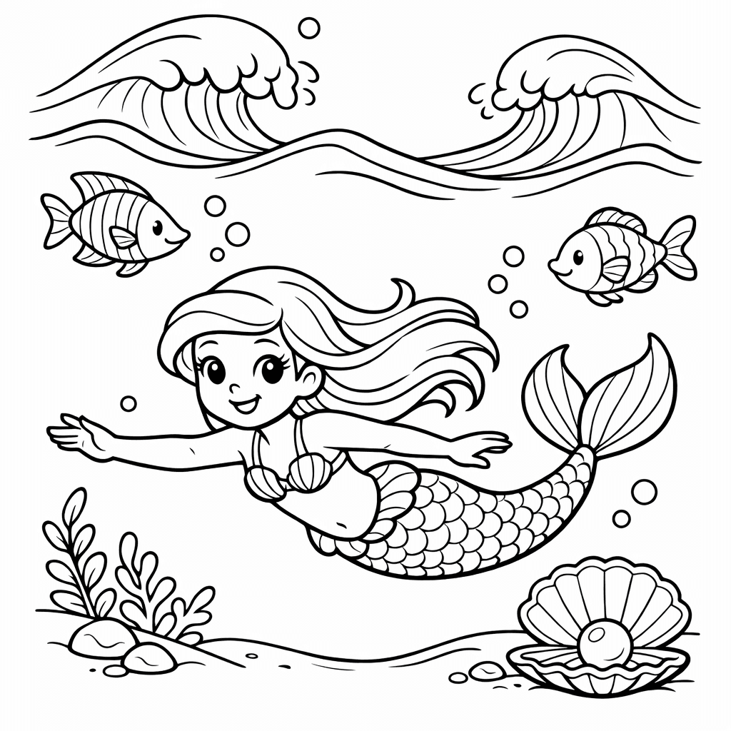 Mermaid Coloring Page — Object Only: Two Or Three Mermaids Side By Side, Simple And Adorable, No Background