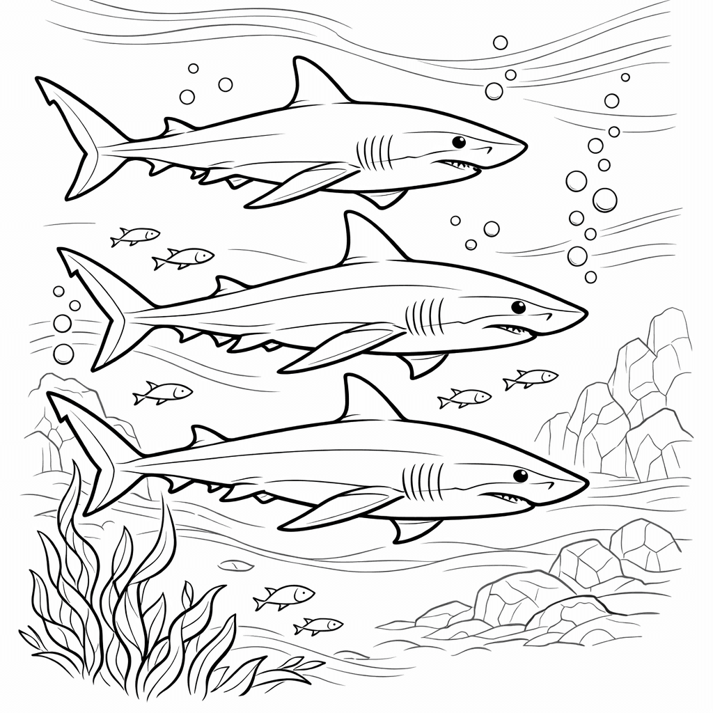 Free printable coloring page: Shark And Fish, for ages 7-12
