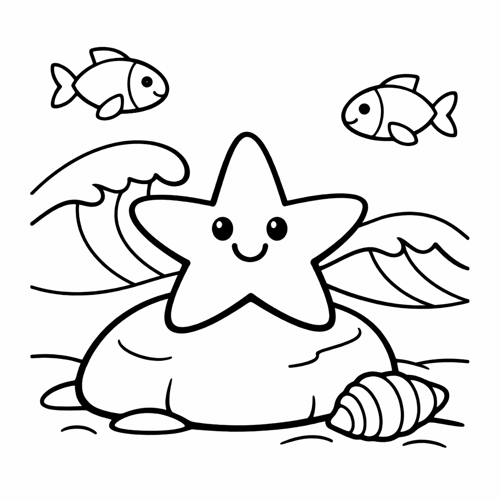 Free printable coloring page: Starfish On Sand, for ages 3-6