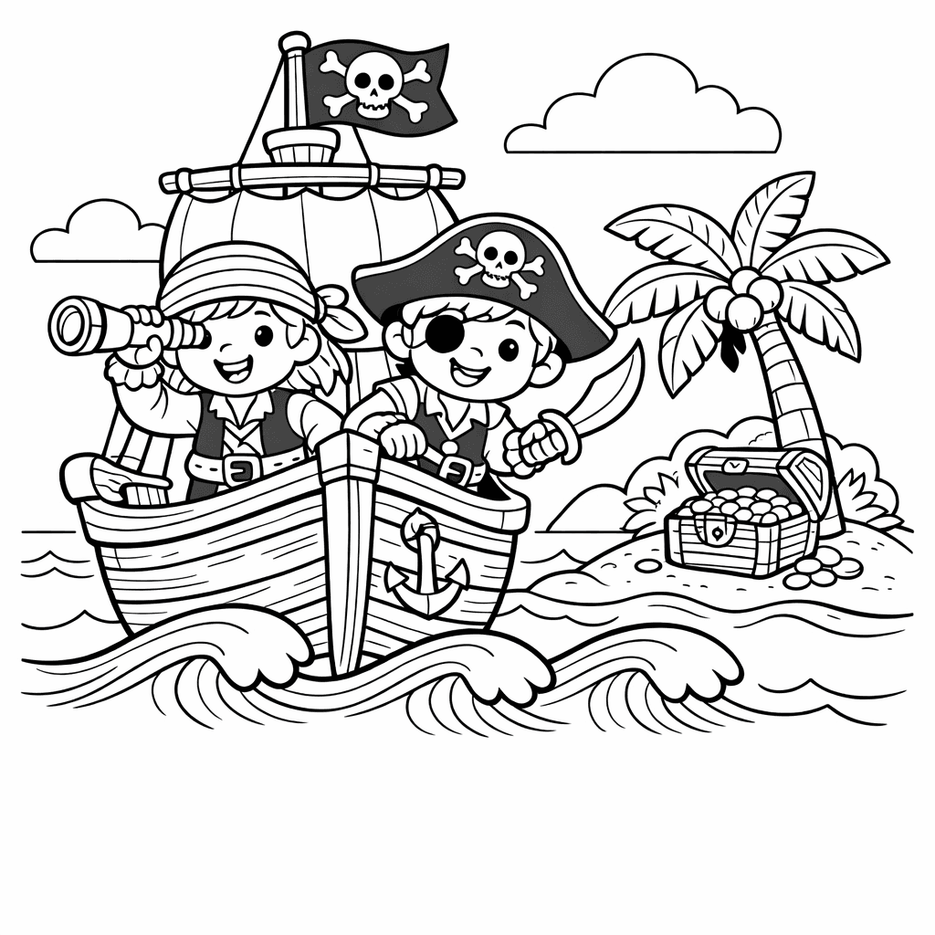 Pirate Ship Coloring Page — Object Only: Two Or Three Pirate Ships Side By Side, Simple And Adorable, No Background