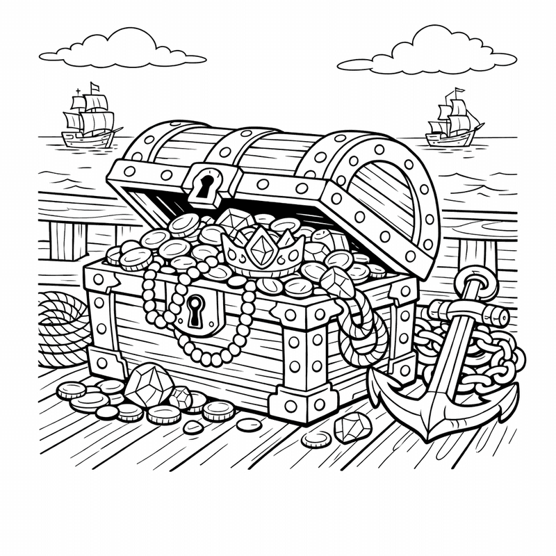 Free printable coloring page: Chest And Coins, for ages 7-12