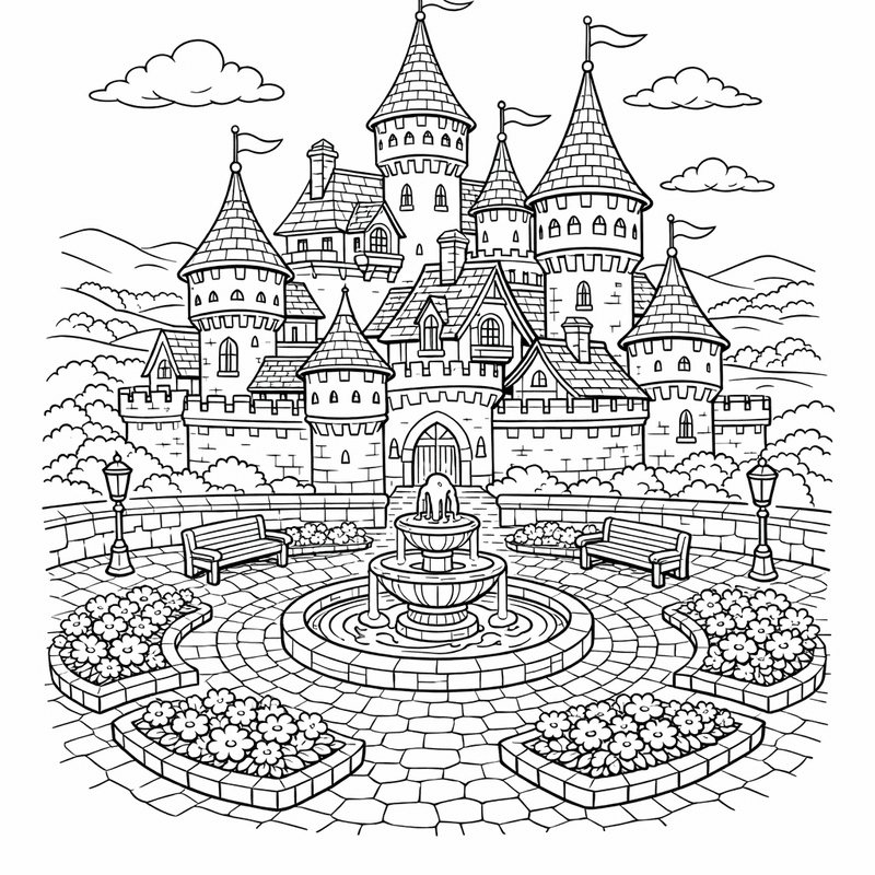 Free printable coloring page: Object Only: A Fairy Tale Castle With Towers, No Background, for ages 7-12