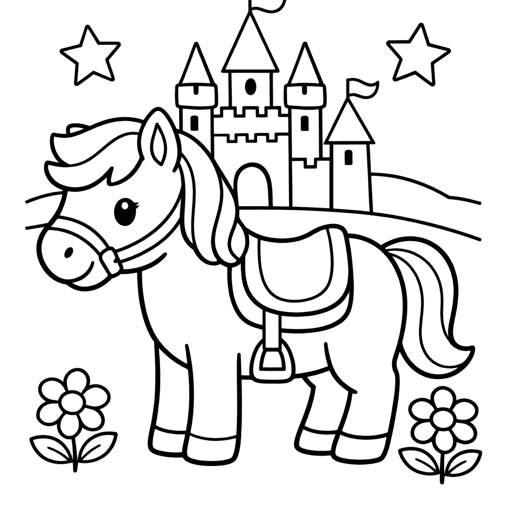 Horse Coloring Page — Object Only: Two Or Three Horses Side By Side, Simple And Adorable, No Background