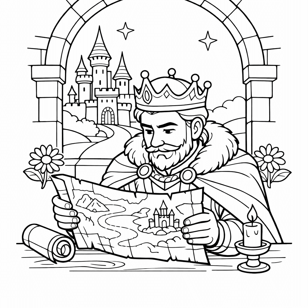 King Coloring Page — A Kind King Playing Chess